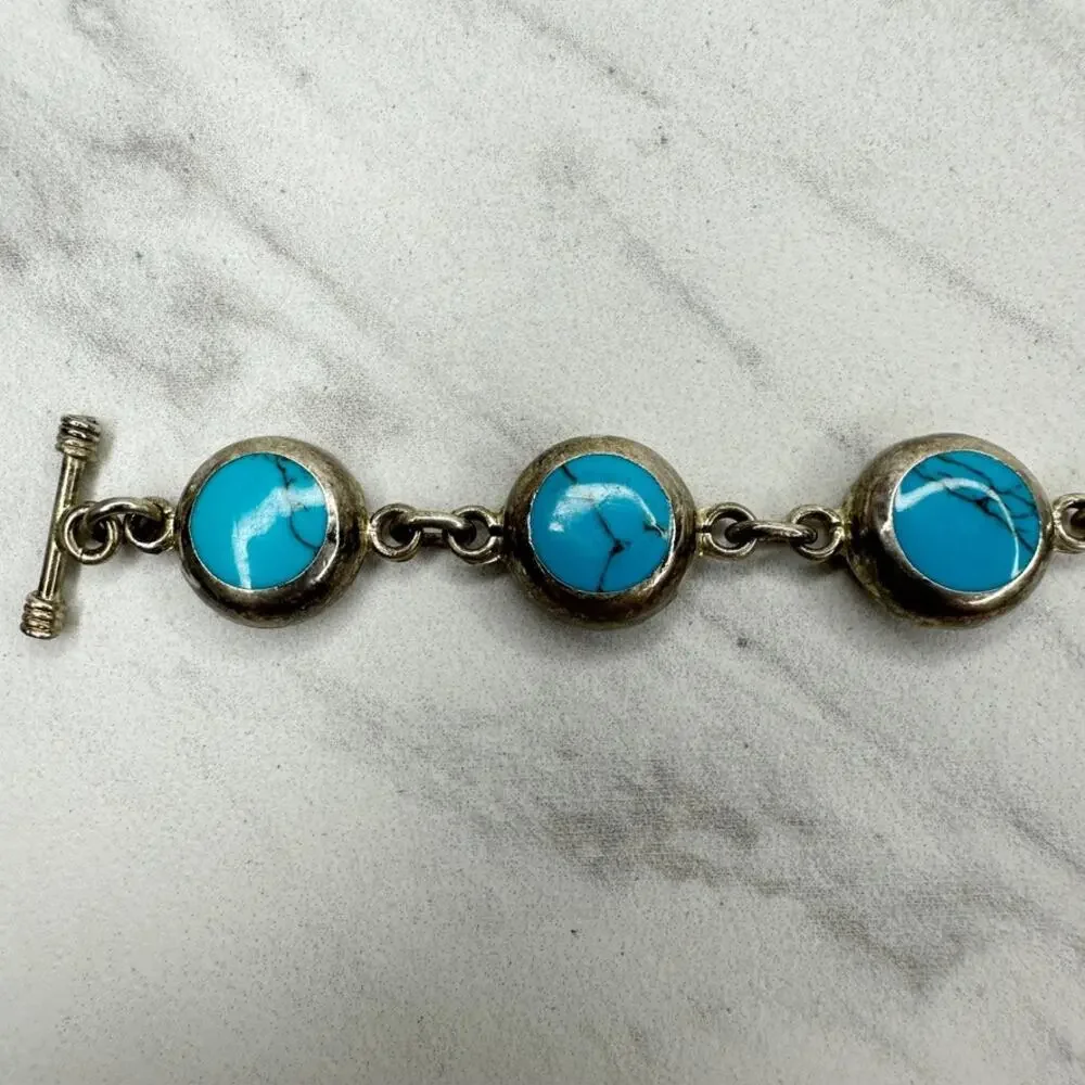 Vintage Mexico Blue Faux Turquoise Round Cabochon Link Toggle Chain Bracelet ✨